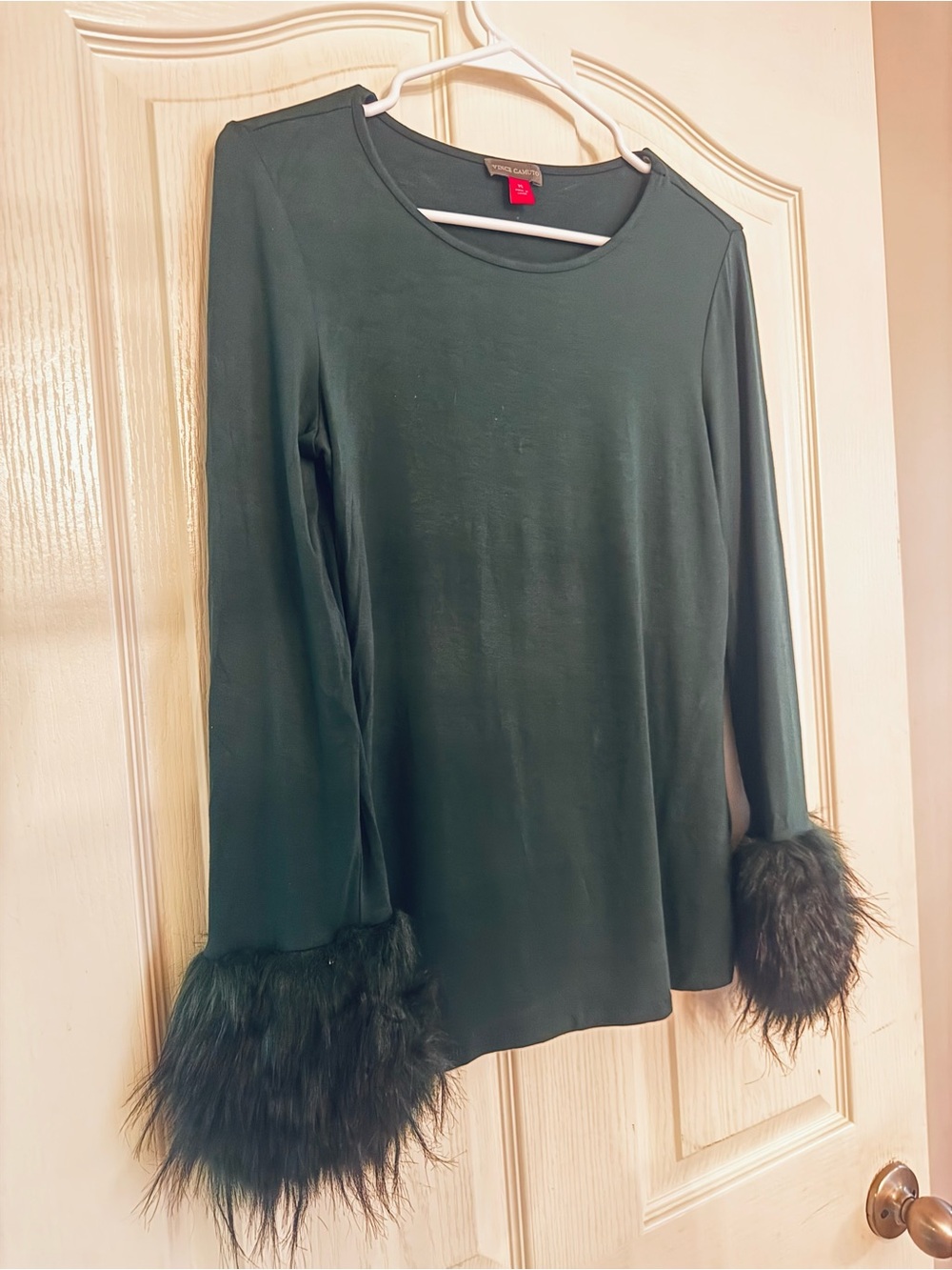 Emerald Green Long-Sleeve Top with Faux Fur Cuffs